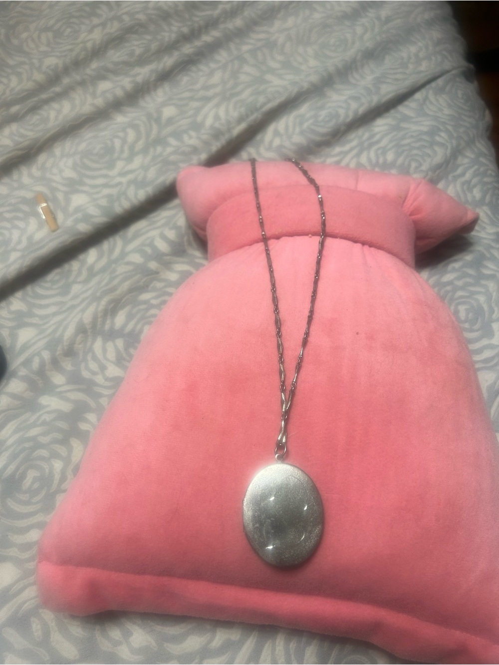 Silver Oval Locket Necklace on Pink Plush